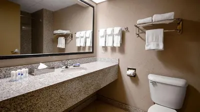 a bathroom with a toilet and a sink and a mirror at Best Western Plus Sandusky Hotel & Suites in Sandusky