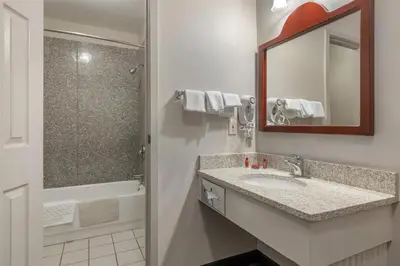 a bathroom with a sink and a mirror and a shower at SureStay Plus Hotel by Best Western Auburn in Auburn