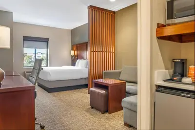 a hotel room with a bed and a living room at Comfort Suites Florence - Cincinnati South in Florence