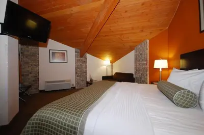 a bedroom with a large bed with a wooden ceiling at Baymont by Wyndham Delaware in Delaware