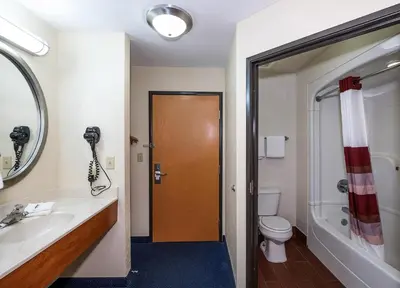 a bathroom with a sink and a toilet and a mirror at Red Roof Inn Jackson, OH in Jackson