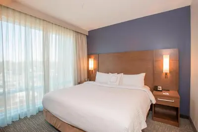 a bedroom with a large bed and a large window at Residence Inn by Marriott Cincinnati Midtown/Rookwood in Cincinnati