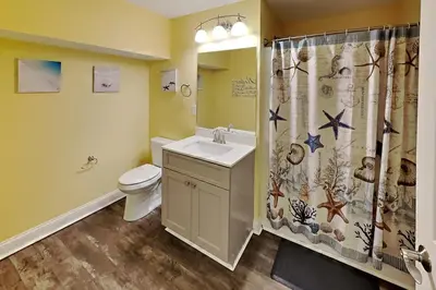 a bathroom with a sink and a toilet and a shower curtain at Put-in-Bay Waterfront Condo #103 in Put-in-Bay
