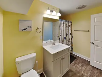a bathroom with a white toilet and a sink at Put-in-Bay Waterfront Condo #103 in Put-in-Bay
