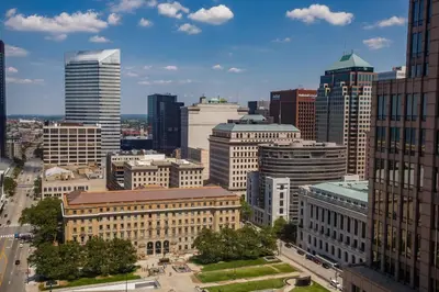 an aerial view of a city with tall buildings at Cleveland Marriott Downtown at Key Tower in Cleveland