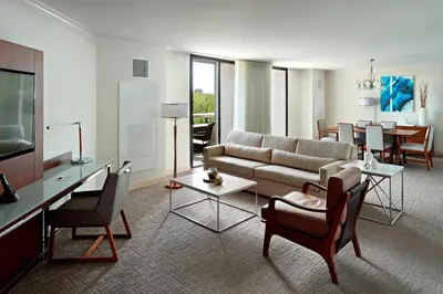 a living room with a couch and a table at Marriott at the University of Dayton in Dayton
