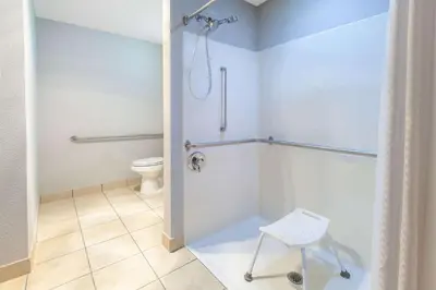 a bathroom with a shower and a toilet and a stool at Microtel Inn & Suites by Wyndham Pittsburgh Airport in Robinson Township