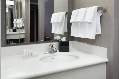 a bathroom with a sink and a mirror and towels at Courtyard Cleveland Airport North in North Olmsted