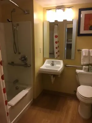 a bathroom with a sink and a toilet and a shower at Hawthorn Extended Stay by Wyndham Cincinnati NE Mason in Mason