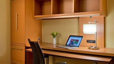 a laptop computer sitting on a desk in a room at Towneplace Suites by Marriott Cleveland Westlake in Westlake