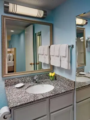 a bathroom with a sink and a large mirror at Sonesta ES Suites Cincinnati - Blue Ash in Blue Ash
