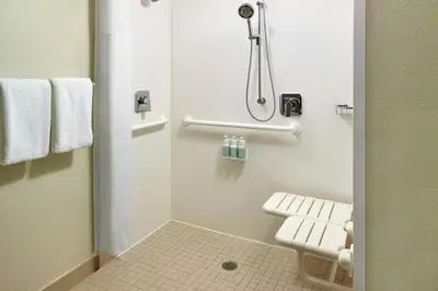 a small bathroom with a toilet and a shower at Courtyard Toledo Rossford/Perrysburg in Rossford