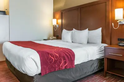 a hotel room with a large bed with a red blanket at Comfort Suites Columbus Expo Center in Columbus