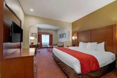 a hotel room with a bed and a flat screen tv at Comfort Suites Columbus Expo Center in Columbus