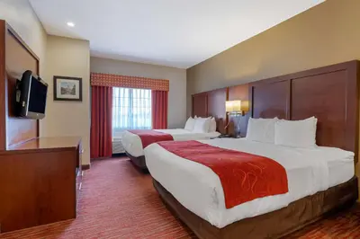 a hotel room with two beds and a flat screen tv at Comfort Suites Columbus Expo Center in Columbus
