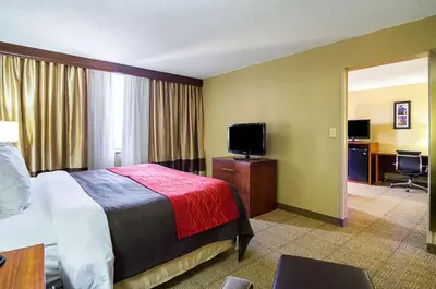 a hotel room with a bed and a flat screen tv at Comfort Inn Cleveland Downtown in Cleveland