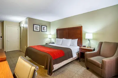 a hotel room with a bed and a chair at Comfort Inn Cleveland Downtown in Cleveland