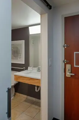 a bathroom with a sink and a mirror at Courtyard by Marriott Springfield Downtown in Springfield