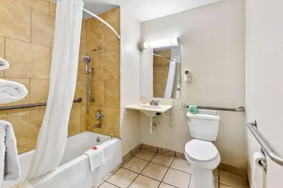 a bathroom with a toilet and a sink and a shower at Econo Lodge Akron Copley Northwest in Montrose
