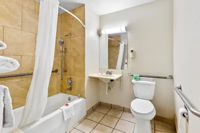 a bathroom with a toilet and a shower and a sink at Econo Lodge Akron Copley Northwest in Montrose