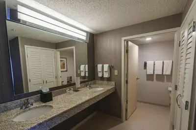 a bathroom with two sinks and a large mirror at Courtyard by Marriott Cleveland Willoughby in Willoughby
