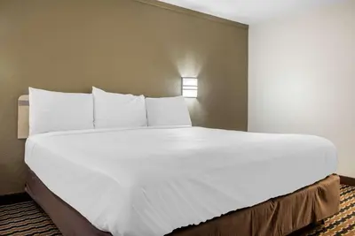 a large white bed in a hotel room at Rodeway Inn Sharonville - Cincinnati North in Sharonville