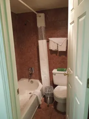 a bathroom with a toilet and a tub and a sink at Wildwood Inn in Florence