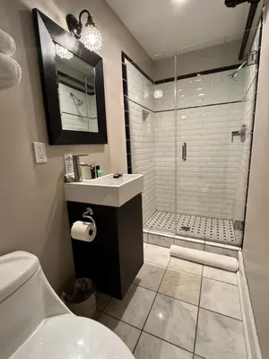 a bathroom with a shower and a sink and a toilet at The Sherman Inn in Batesville