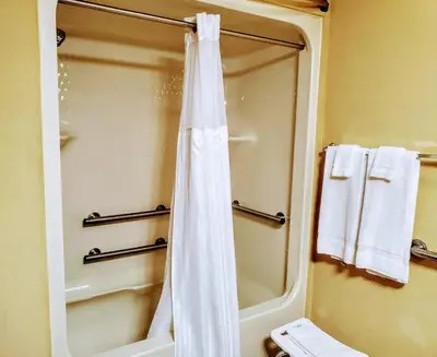 a bathroom with a shower with a white shower curtain at Quality Inn Brunswick Cleveland South in Brunswick
