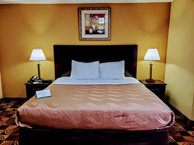 a bed in a hotel room with two lamps at Quality Inn Brunswick Cleveland South in Brunswick
