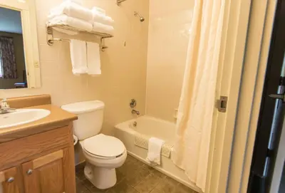 a bathroom with a toilet and a tub and a sink at Blue Licks Battlefield State Park in Carlisle