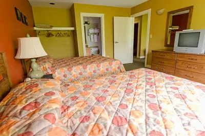 a bedroom with a bed and a dresser and a tv at Blue Licks Battlefield State Park in Carlisle