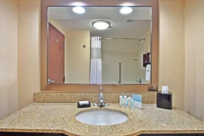 a bathroom with a sink and a large mirror at Hampton Inn Huntington/Barboursville in Barboursville
