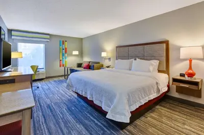 a hotel room with a large bed and a television at Hampton Inn Cincinnati Airport-North in Hebron