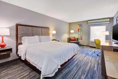 a hotel room with a large bed and a television at Hampton Inn Cincinnati Airport-North in Hebron