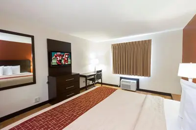 a hotel room with a large bed and a television at Red Roof Inn Columbus - Ohio State Fairgrounds in Columbus
