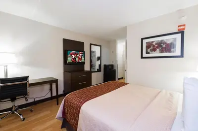 a hotel room with a bed and a desk and a television at Red Roof Inn Columbus - Ohio State Fairgrounds in Columbus