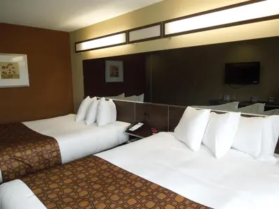 a hotel room with two beds and a mirror at Microtel Inn and Suites North Canton in North Canton