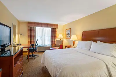 a hotel room with a bed and a desk and a television at Hilton Garden Inn Cleveland East / Mayfield Village in Mayfield