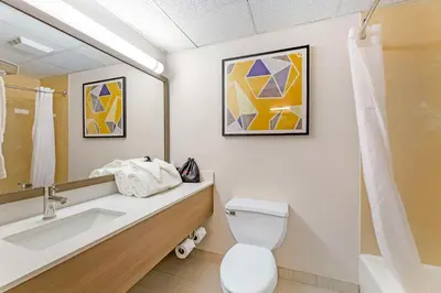 a bathroom with a sink and a toilet and a mirror at Comfort Inn & Suites Cuyahoga Falls - Akron in Cuyahoga Falls