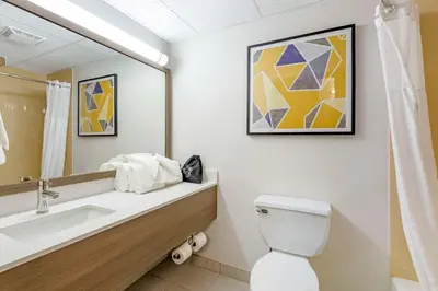 a bathroom with a toilet and a sink and a mirror at Comfort Inn & Suites Cuyahoga Falls - Akron in Cuyahoga Falls
