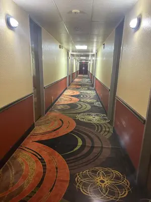 a hallway of a hotel with a carpeted floor at Executive Inn in Zanesville