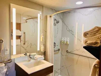 a bathroom with a sink and a shower at Microtel Inn by Wyndham Lexington in Lexington