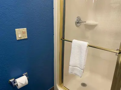 a bathroom with a shower with a white towel at Baymont by Wyndham Milan in Milan