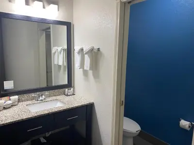 a bathroom with a sink and a mirror and a toilet at Baymont by Wyndham Milan in Milan