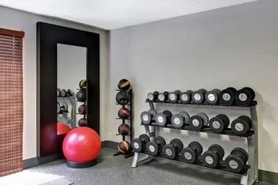 a room with a bunch of dumbbells on a wall at Hampton Inn Cincinnati Airport South in Florence