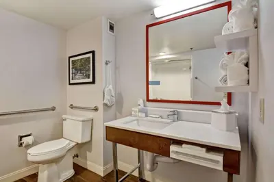 a bathroom with a toilet and a sink and a mirror at Hampton Inn Cincinnati Airport South in Florence