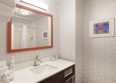 a bathroom with a sink and a mirror at Hampton Inn & Suites Cleveland-Mentor in Mentor
