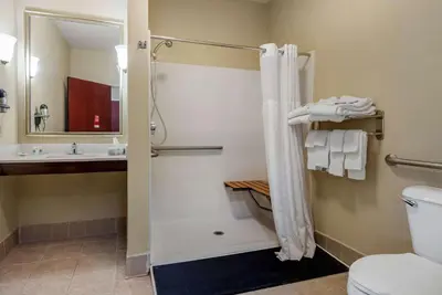 a bathroom with a shower and a toilet and a sink at Comfort Suites Dayton-Wright Patterson in Dayton