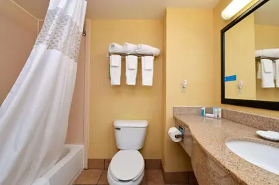 a bathroom with a toilet and a sink and a shower at Hampton Inn & Suites Springboro in Springboro
